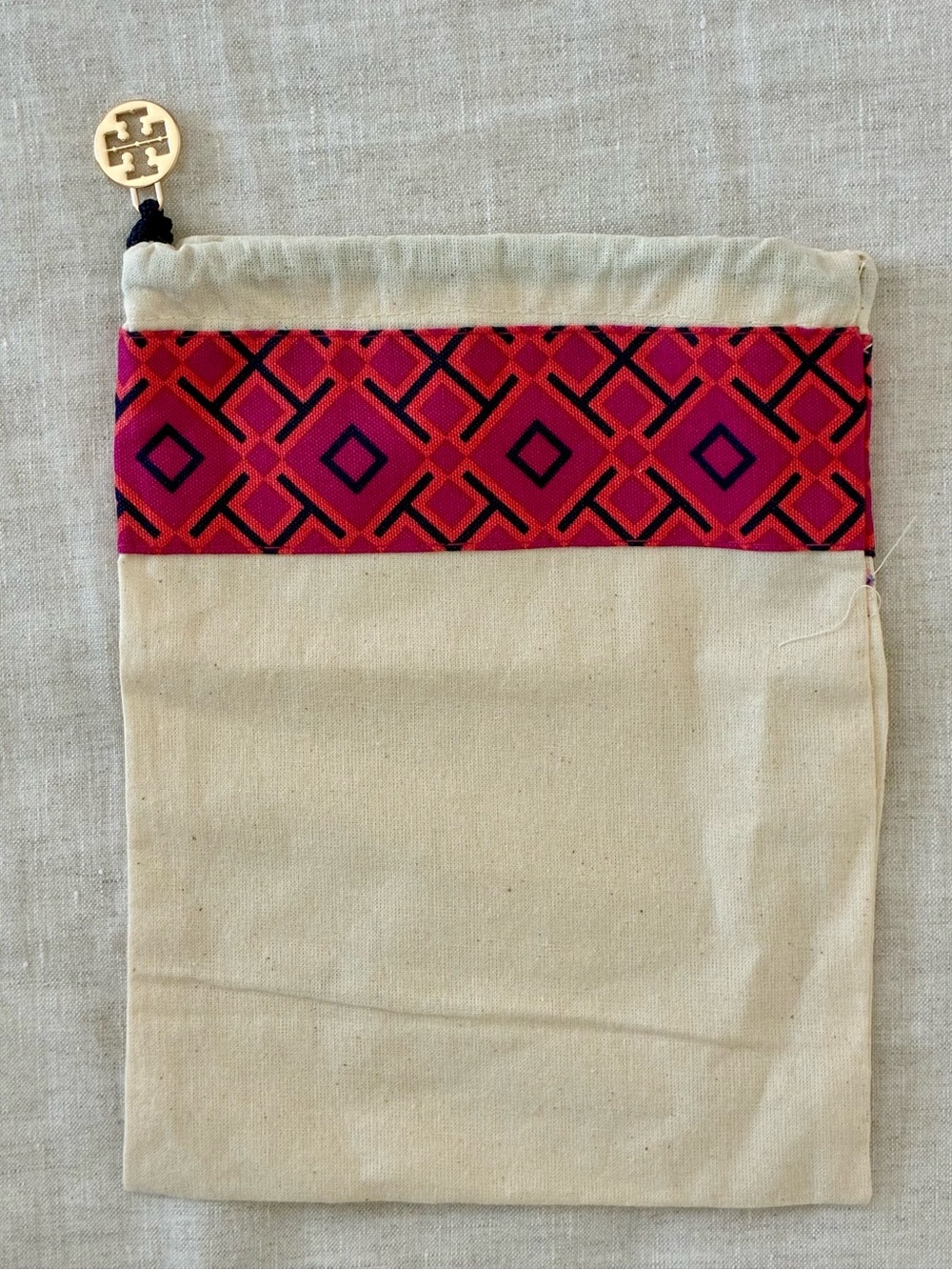 Tory Burch Canvas Drawstring Dust Bag with Pink Pattern Trim